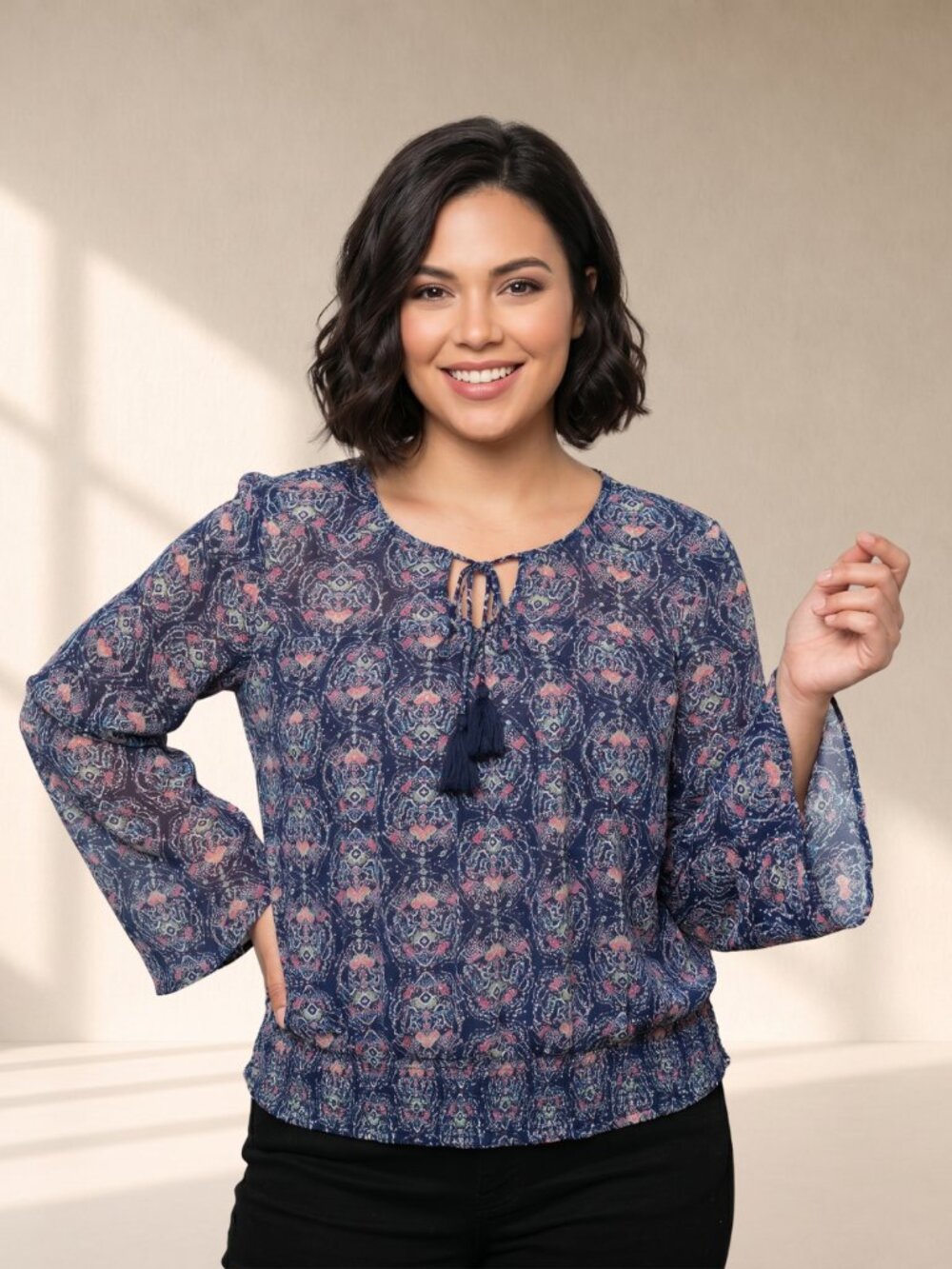 Love Fire Boho Sheer Bell Sleeve Smocked Peasant Blouse Navy Medallion XL